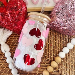 Custom made Valentines lollipop beer can glass with bamboo lid and glass straw.